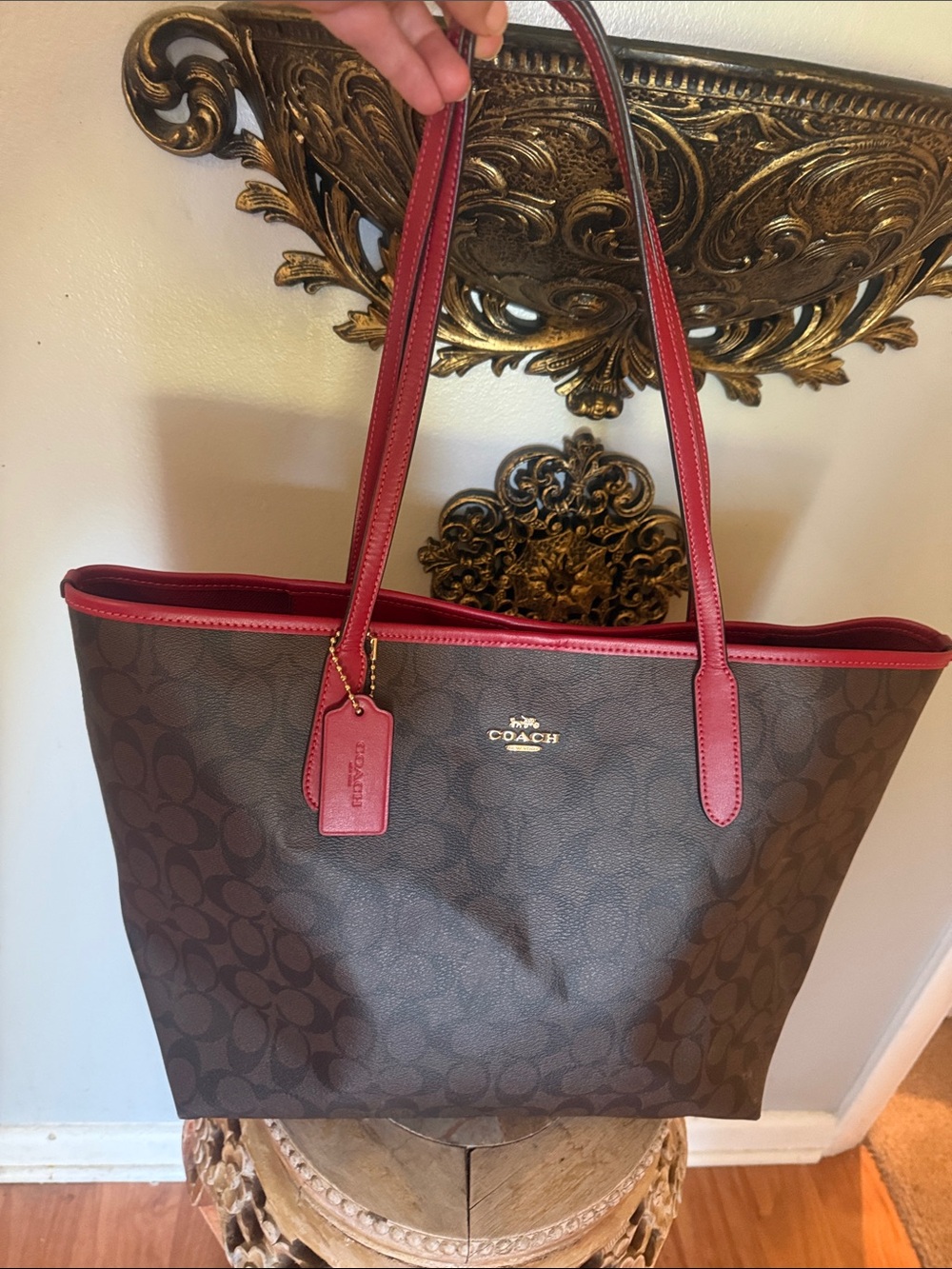 ❤️🤎COACH CITY TOTE BAG IN SIGNATURE CANVAS GOLD/WALNUT/BOLD RED🤎❤️